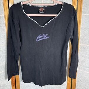 Harley Davidson Shirt Womens XL‎ Black Purple V Neck Richmond VA Motor Cycle Y2K